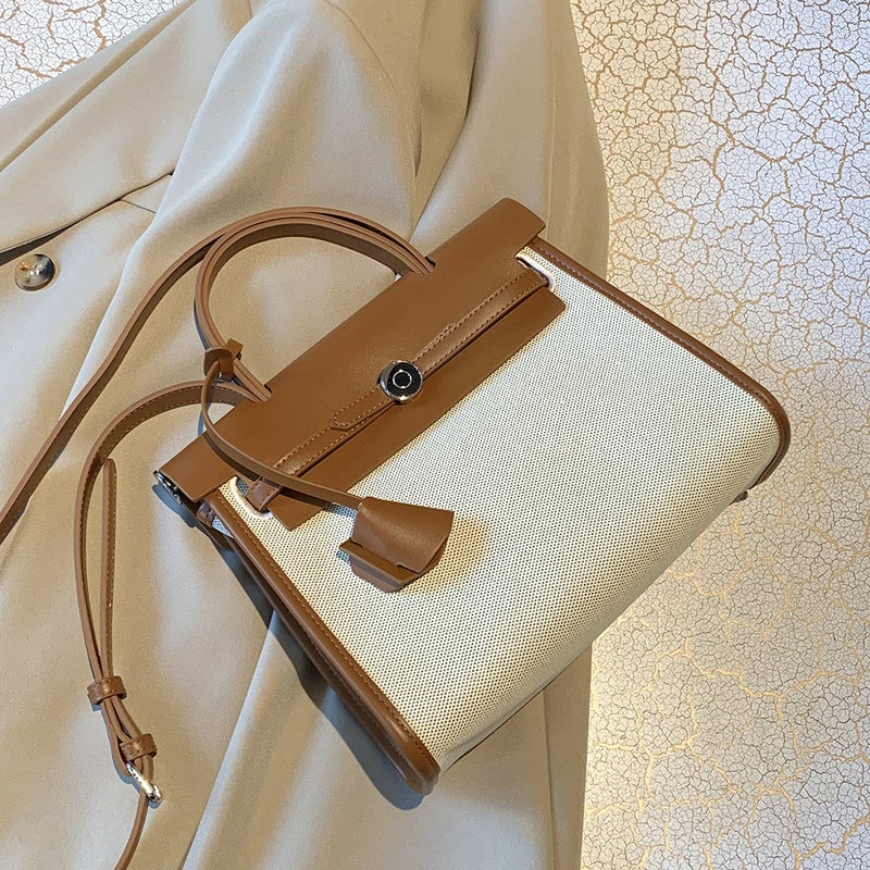 Large-Capacity Kelly Bag 2026 Spring/ Trendy Versatile Canvas Color-Blocking Commuter Tote Shoulder Crossbody Bag - Image 3