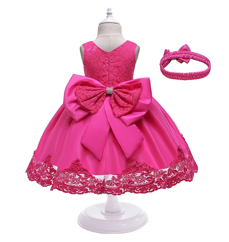 New European and American girls dinner performance bow lace dress large childrens evening dress wholesale rose red