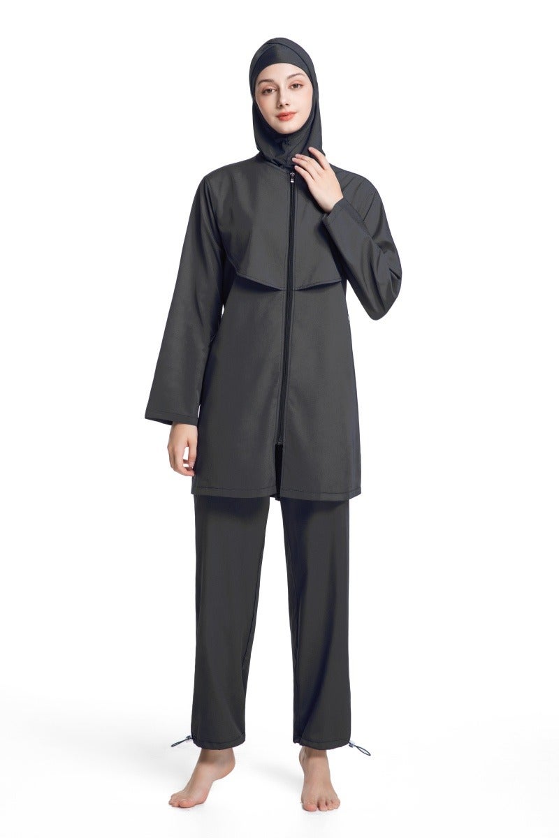 3-Piece Muslim Women's Conservative Swimwear Set Summer Casual Comfortable UV Protection Long Sleeve Zip-Up Swimsuit Lightweight Beach Attire - Image 1