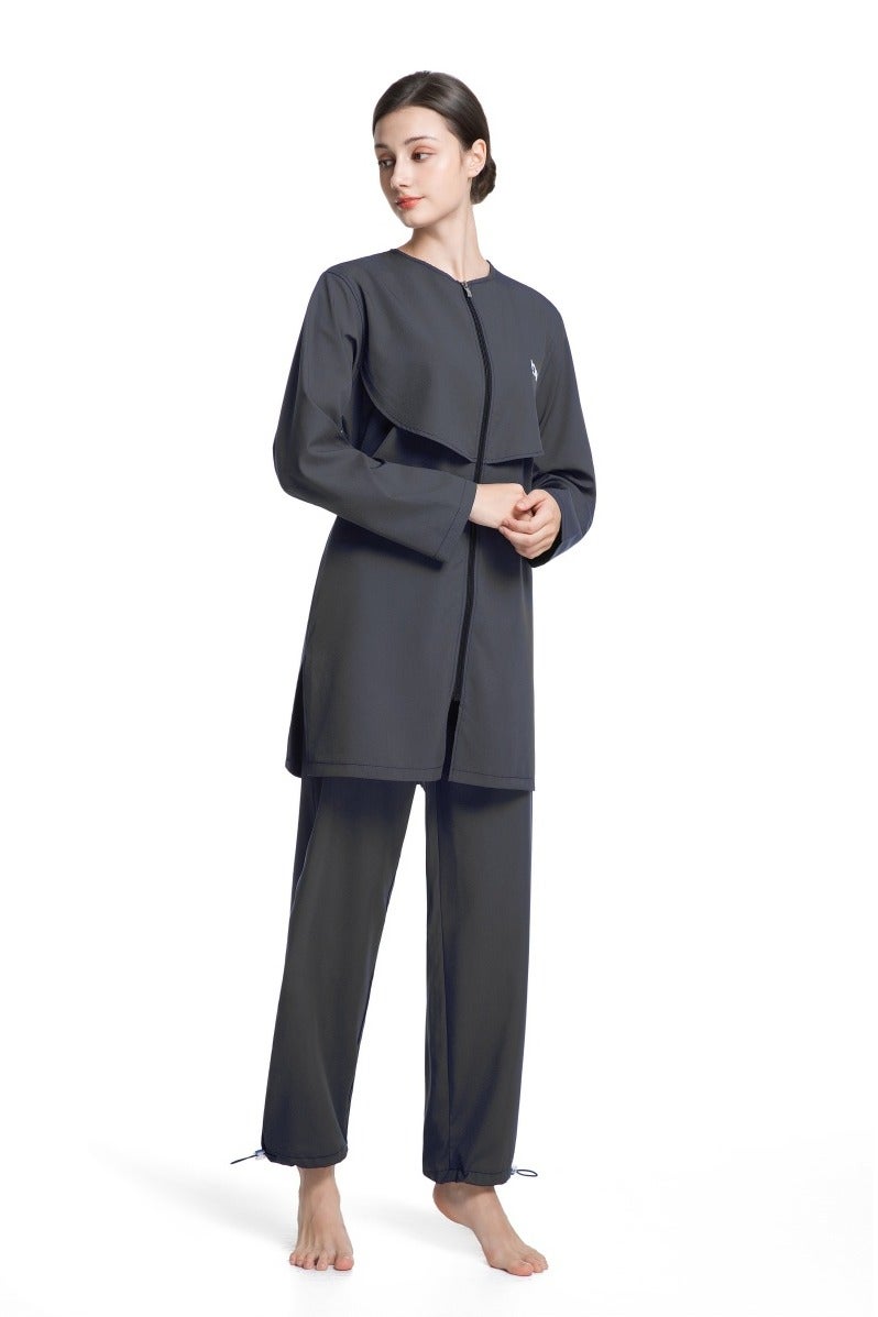 3-Piece Muslim Women's Conservative Swimwear Set Summer Casual Comfortable UV Protection Long Sleeve Zip-Up Swimsuit Lightweight Beach Attire - Image 2