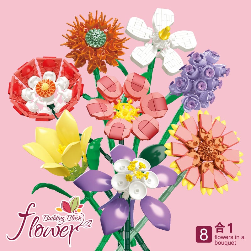 Educational Interlocking Building Block Flower Model Set - Simulated Roses, Peonies, Ferns, Rose  Bushes