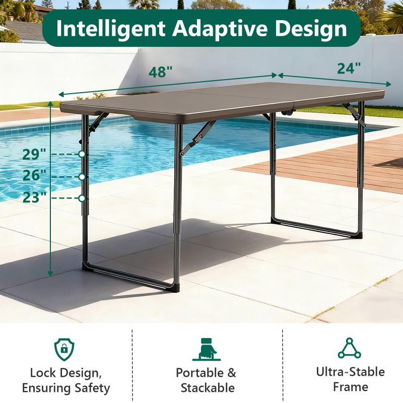 MAKE CHANGES Folding Table, 4FT Foldable Picnic Table with Adjustable Height, Heavy Duty Fold-in-Half Portable Table for Weddings, Camping, RV Travel, Parties, BBQs, and Indoor Use, Easy to Fold and Store, Khaki - Image 3