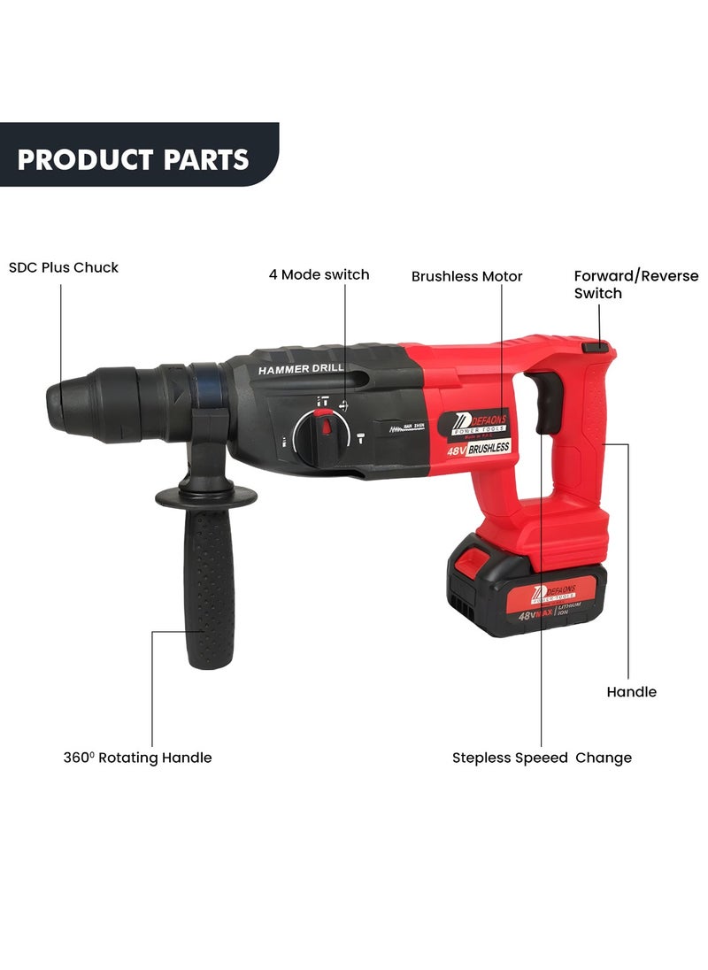 DEFAONS - DEFAONS 48V Brushless Hammer Drill High Performance Efficient and Durable, Lithium-Ion Battery Powered Ideal for Masonry, Brick, Concrete, and Block Work - Image 1