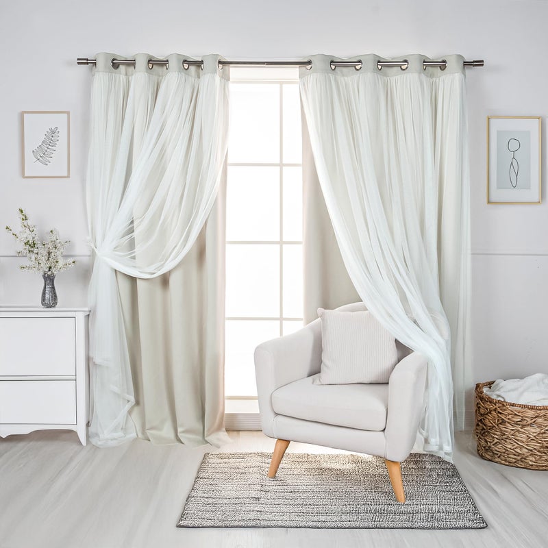 Best Home Fashion Best Home Fashion Set of 2 Lace Tulle Overlay Thermal Insulated Solid Blackout Stainless Steel Nickel Grommet Window Panels for Bedroom Living Room Dining Room  52 W x 84 L Biscuit 