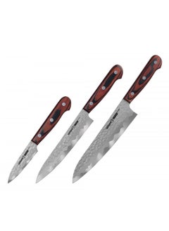 Samura Samura Kaiju Set of 3 Kitchen Knives | Paring Knife, Utility Knife, Chef's Knife | Pakka Woode Handles | Hammered Steel | Polished Edge | Chromium Blades | Corrosion Resistant  - Image 2