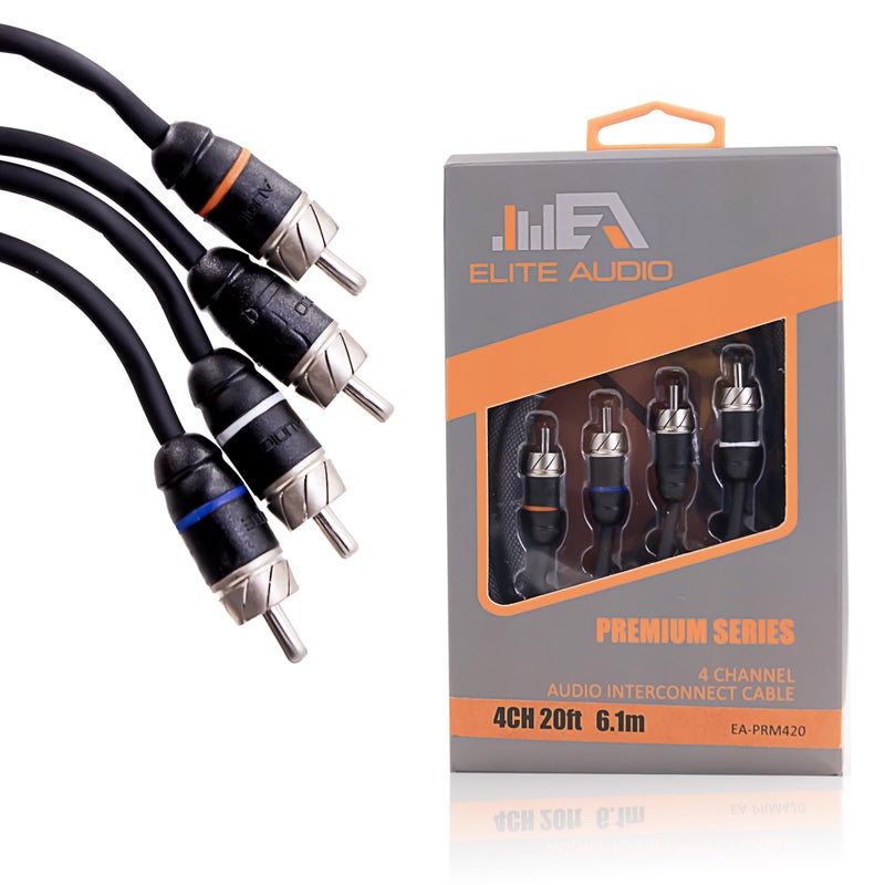 Elite Audio Premium Series 20ft 4Channel Car Audio RCA Cable Double Shielded Oxygen Free Copper Noise Reducing Audio Cable for Amplifiers Subwoofers Speakers and Processors PRM420