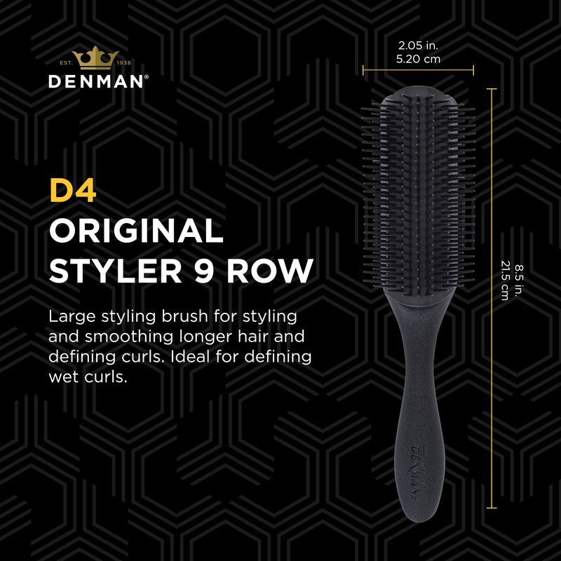 Denman Curly Hair Brush D4 (All Black) 9 Row Styling Brush for Styling, Smoothing Longer Hair and Defining Curls - For Women and Men - Image 2