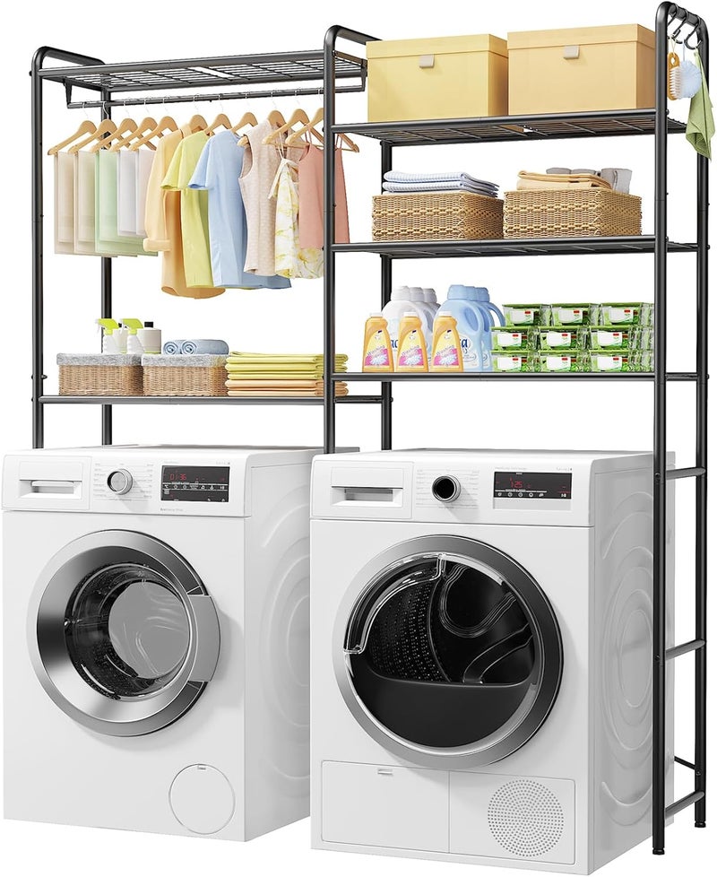 Kitsure Laundry Room Shelves - Multi-Functional Over Washer and Dryer Shelves with Hanging Bar & Removable Hooks, Space-Saving Organizer for Laundry Room, Kitchen, 58.4" W x 13.0" D x 70.9" H, Black - Image 1