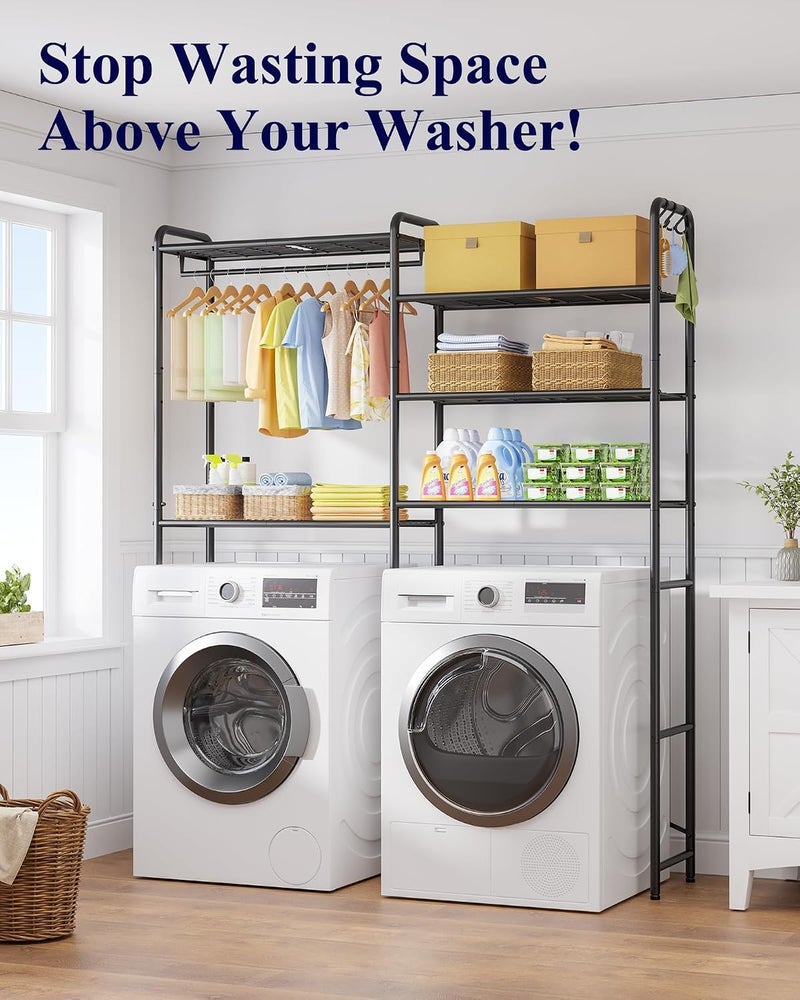 Kitsure Laundry Room Shelves - Multi-Functional Over Washer and Dryer Shelves with Hanging Bar & Removable Hooks, Space-Saving Organizer for Laundry Room, Kitchen, 58.4" W x 13.0" D x 70.9" H, Black - Image 2