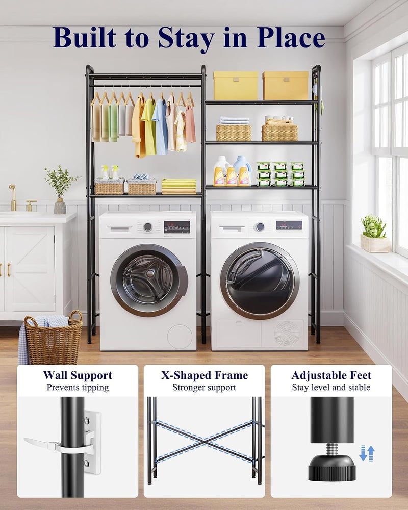 Kitsure Laundry Room Shelves - Multi-Functional Over Washer and Dryer Shelves with Hanging Bar & Removable Hooks, Space-Saving Organizer for Laundry Room, Kitchen, 58.4" W x 13.0" D x 70.9" H, Black - Image 4