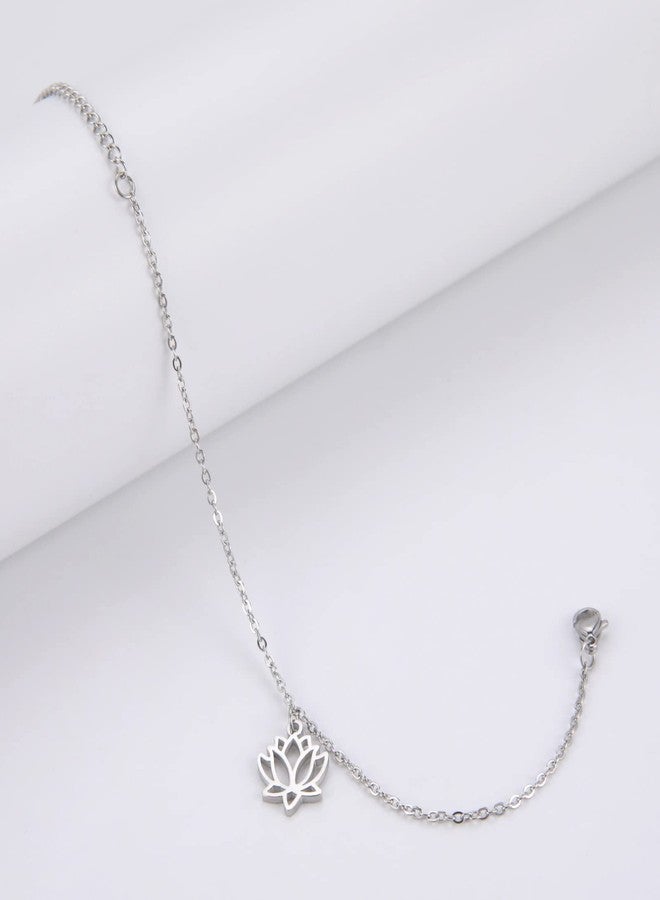 TEAMER Lotus Flower Anklet Bracelet Stainless Steel Adjustable Foot Heart Lotus Anklet Bracelet Beach Jewelry for Women (Silver) - Image 3