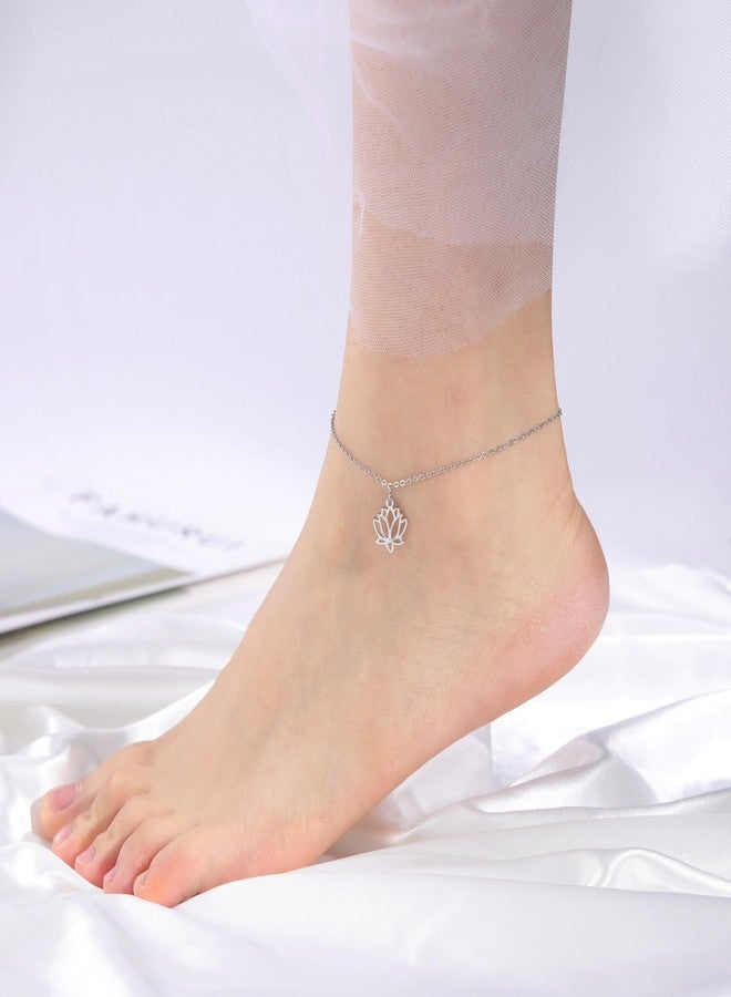 TEAMER Lotus Flower Anklet Bracelet Stainless Steel Adjustable Foot Heart Lotus Anklet Bracelet Beach Jewelry for Women (Silver) - Image 2