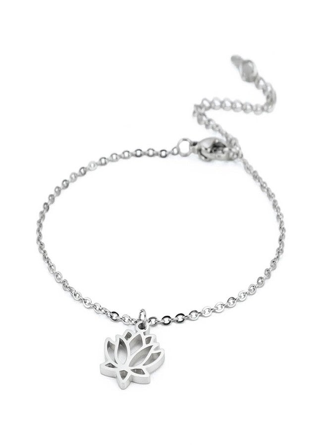 TEAMER Lotus Flower Anklet Bracelet Stainless Steel Adjustable Foot Heart Lotus Anklet Bracelet Beach Jewelry for Women (Silver) - Image 1