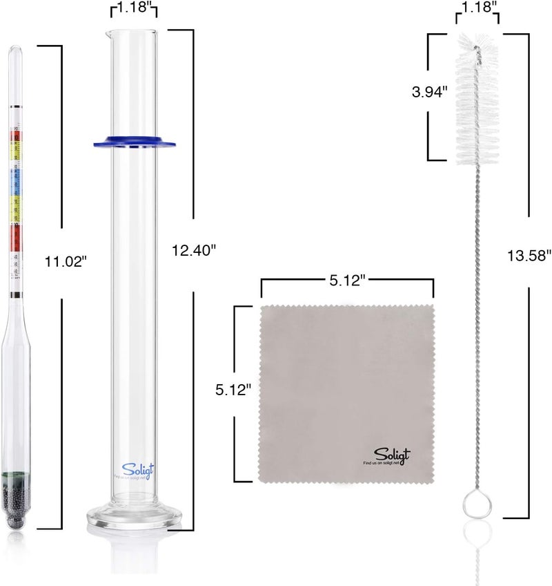 SOLIGT مقياس كثافة ثلاثي ومجموعة اختبار زجاجية للنبيذ والبيرة والعسل وعصير التفاح - مجموعة اختبار ABV و Brix والجاذبية - Image 5
