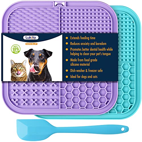 LUKITO Licking Mat for Dogs & Cats 2 Pack with Suction Cups, Dog Peanut Butter Lick Pads for Boredom Reducer, Perfect for Bathing Grooming (Blue&Purple+1 Spatula) - Image 1