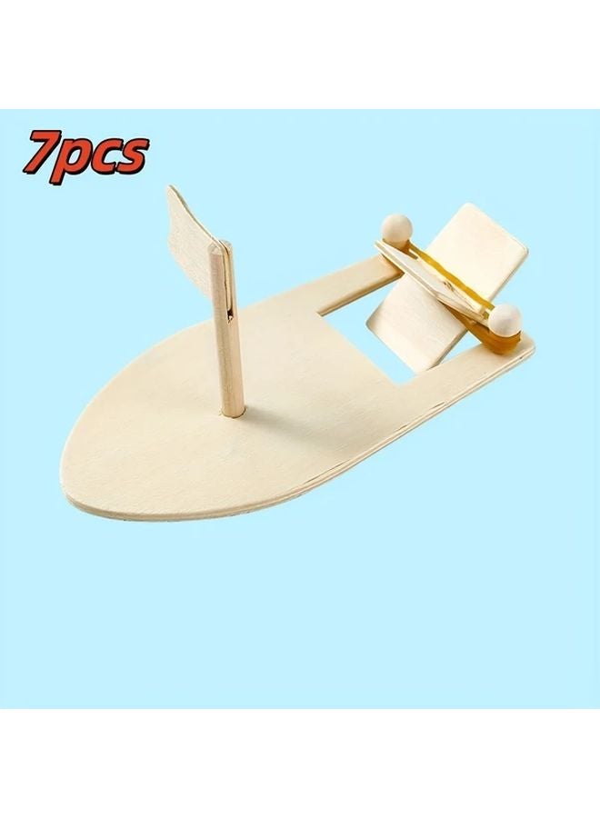 7 قطع مجموعة قارب خشبي DIY، قارب شراعي صغير، مشروع هدية حرفية بقارب مطاطي - Image 1