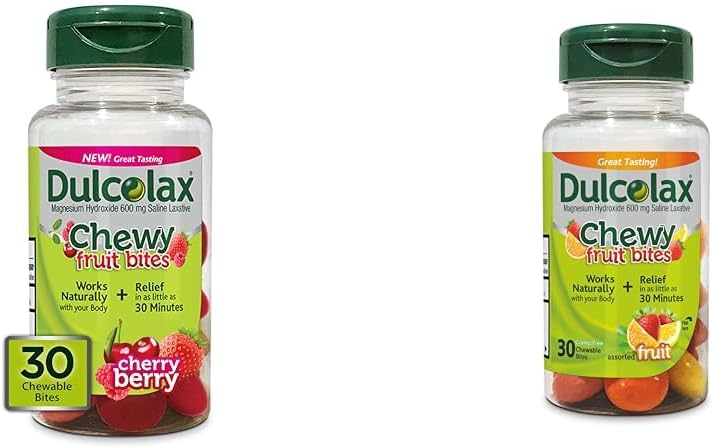 DULCOLAX دولكولاكس قضبان الفاكهة القابلة للمضغ ملين ملحي بنكهة الكرز والتوت مجموعة متنوعة من نكهات الفاكهة 30 قطعة تخفيف الإمساك بدون تشنجات