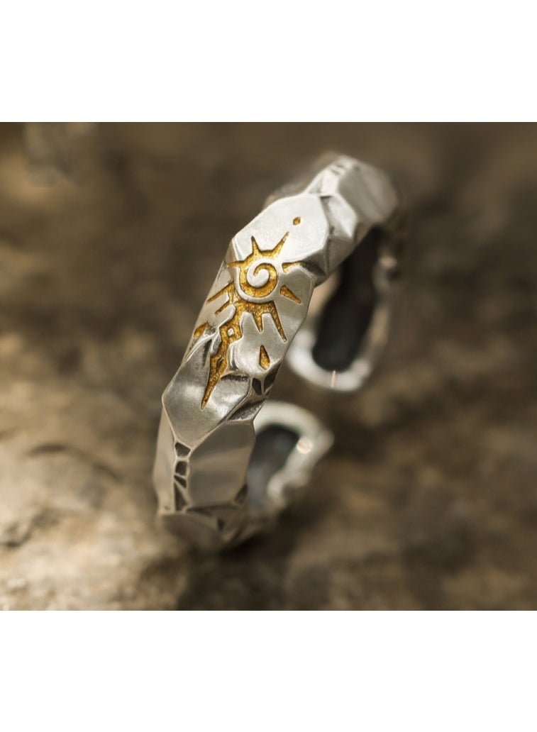 خاتم رجالي قابل للتعديل من الفضة الإسترليني S925، خاتم أنيق فريد من نوعه من الفضة الإسترليني، خاتم مفتوح لا يتلاشى - Image 1