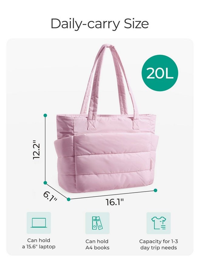 BAGSMART BAGSMART Tote Bag for Women, Lightweight Puffy Tote Bag with Compartments Shoulder Bag Handbag Quilted Shoulder Bag Handbag for Travel, Work, Beach, Gym, Shop (Pink)  - Image 2