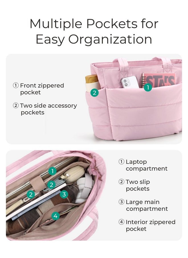BAGSMART BAGSMART Tote Bag for Women, Lightweight Puffy Tote Bag with Compartments Shoulder Bag Handbag Quilted Shoulder Bag Handbag for Travel, Work, Beach, Gym, Shop (Pink)  - Image 3