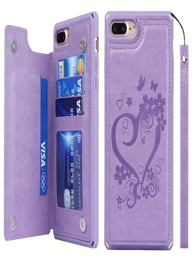 آي كوفر كايس جراب iCoverCase متوافق مع iPhone 8 Plus/7 Plus، جراب محفظة مع حامل بطاقات للنساء، جراب من الجلد الصناعي PU منقوش مانع لتقنية RFID مع حزام معصم (لون بنفسجي على شكل قلب) - Image 1