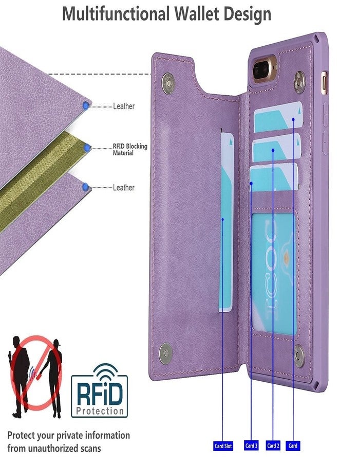آي كوفر كايس جراب iCoverCase متوافق مع iPhone 8 Plus/7 Plus، جراب محفظة مع حامل بطاقات للنساء، جراب من الجلد الصناعي PU منقوش مانع لتقنية RFID مع حزام معصم (لون بنفسجي على شكل قلب) - Image 3