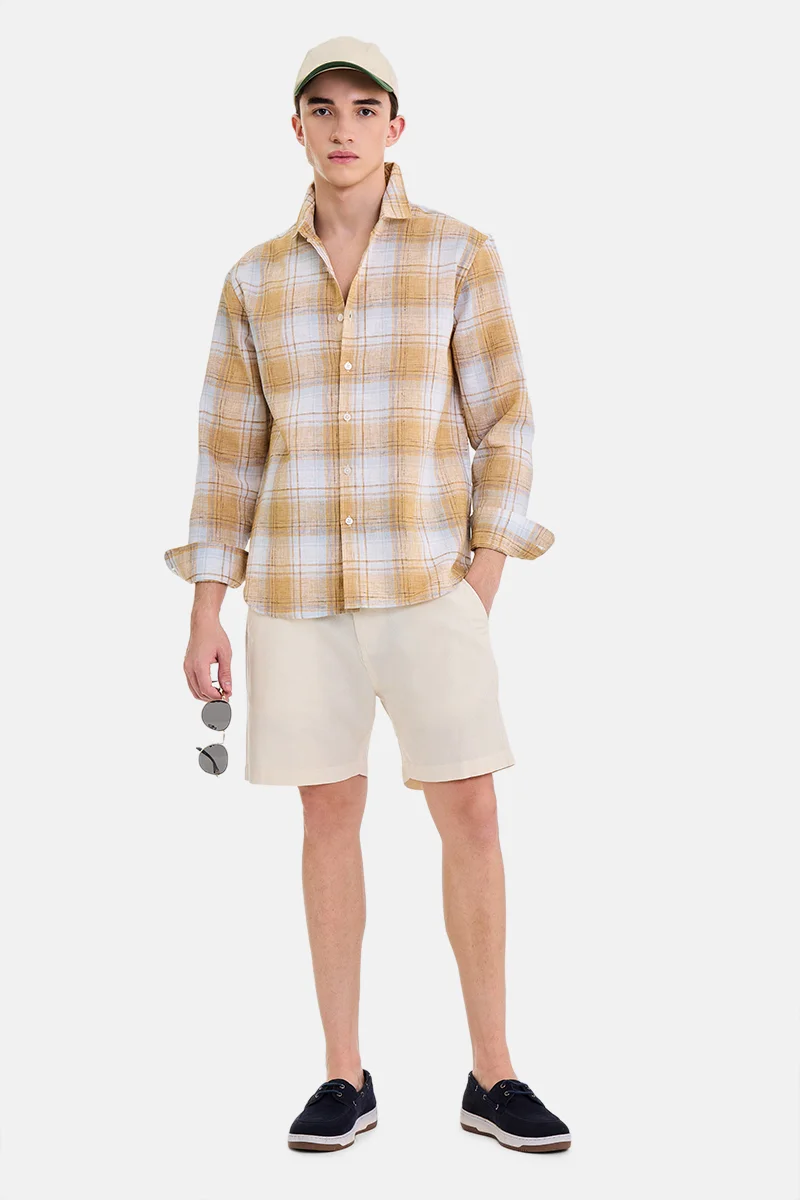 سنيتش Brown Checkered Long Sleeve Regular Fit Casual Shirt