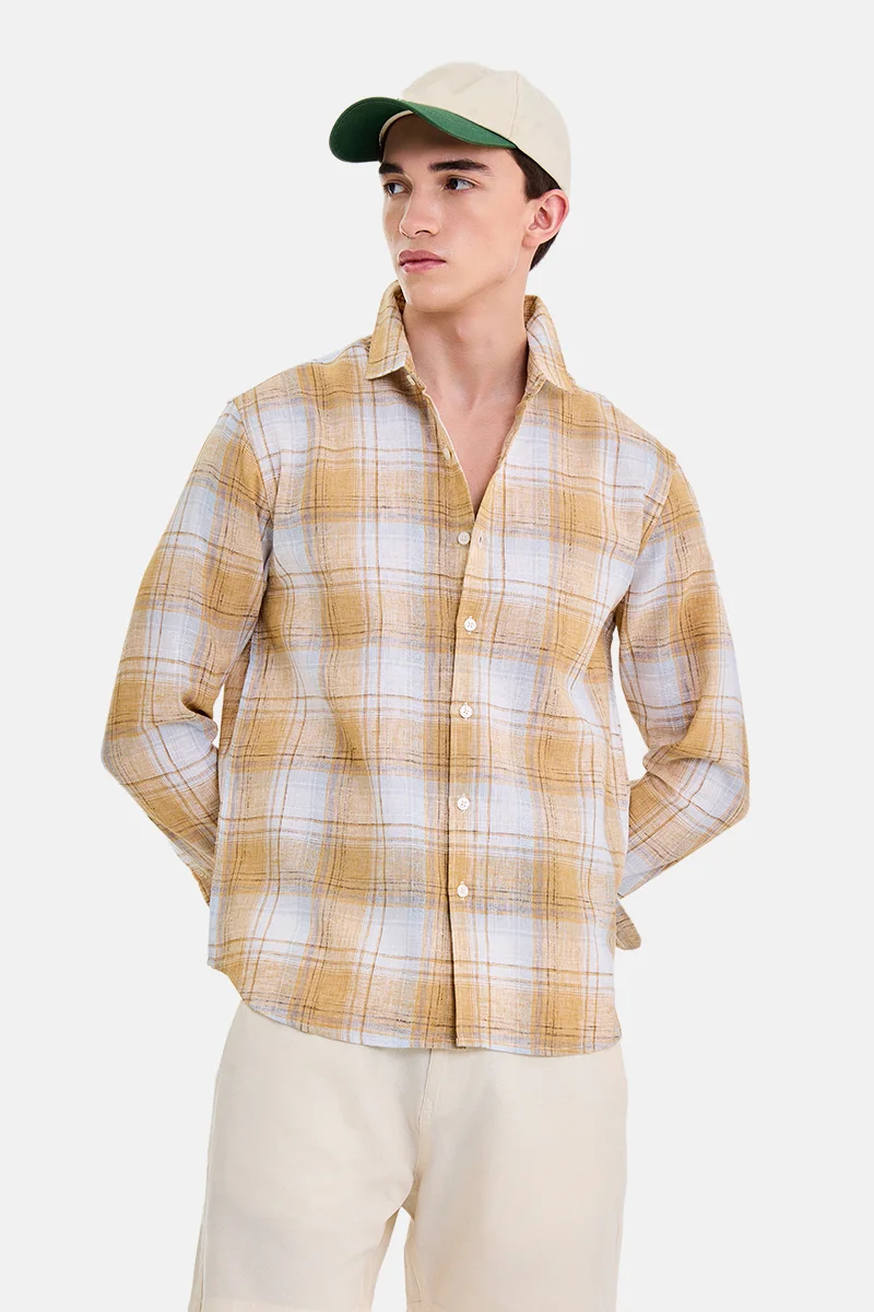 سنيتش Brown Checkered Long Sleeve Regular Fit Casual Shirt