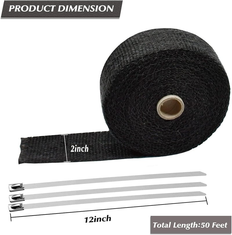 TuhooMall 2" x 50' Titanium Exhaust Heat Wrap for Motorcycle Car,Fiberglass Exhaust Header Wrap Tape with Stainless Steel Locking Ties and Duct Clamps (Black) - Image 2