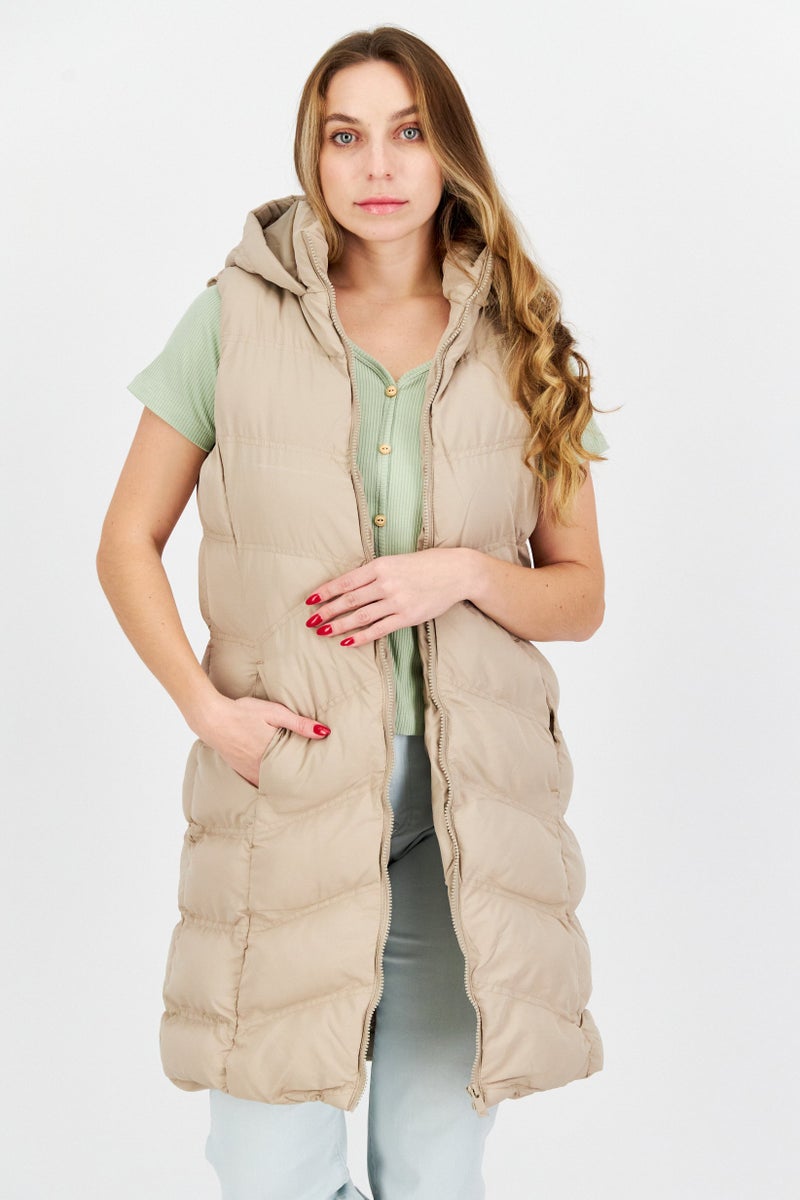 French Connection Women Plain Hooded Vest Jacket, Beige  - Image 1