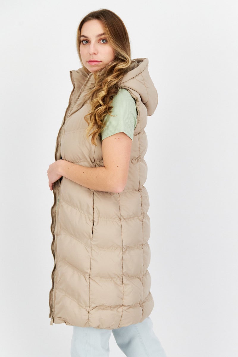 French Connection Women Plain Hooded Vest Jacket, Beige  - Image 3