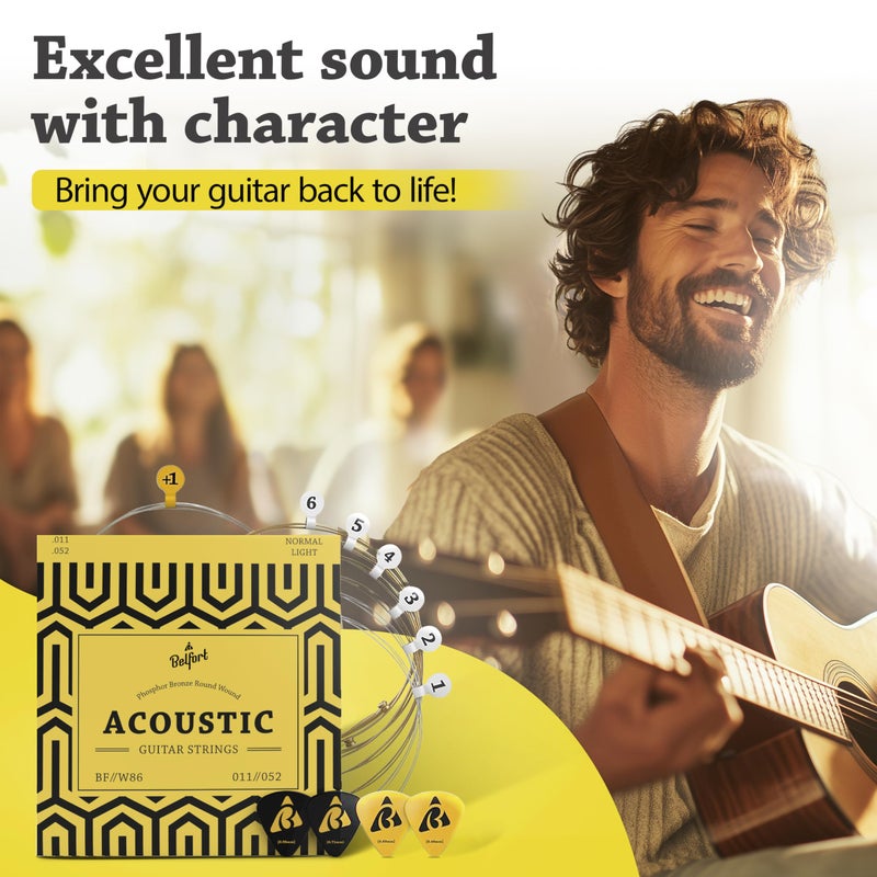 BELFORTÂ® quality acoustic guitar strings - 6 string set - Premium coating with Phosphor Bronze (guitar strings acoustic 6 string set) BONUS: 4 Picks + 1 High E String - cuerdas para guitarra acustica - Image 2