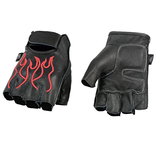 Milwaukee Leather SH198 Mens Black and Red Flamed Embroidered Fingerless Leather Gloves XLarge - Image 1