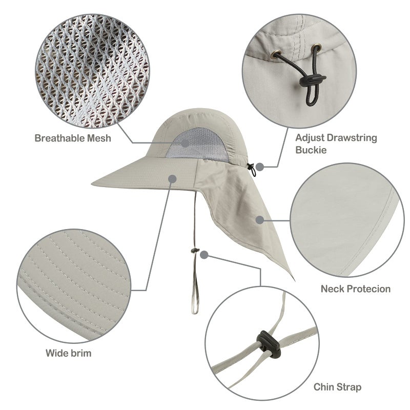 KOOLSOLY Outdoor Sun Hat for Men with 50+ UPF Protection Safari Cap Wide Brim Fishing Hat with Neck Flap, for Dad Light Grey - Image 2