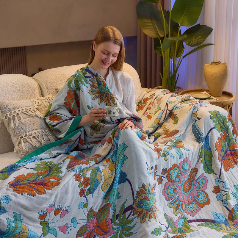 XIBLC Summer Throw Blanket, 60"x80" Reversible Bohemian Flower Blanket, 100% Cotton Muslin Breathable Woven, Farmhouse Decorative Throw Blanket - Image 5