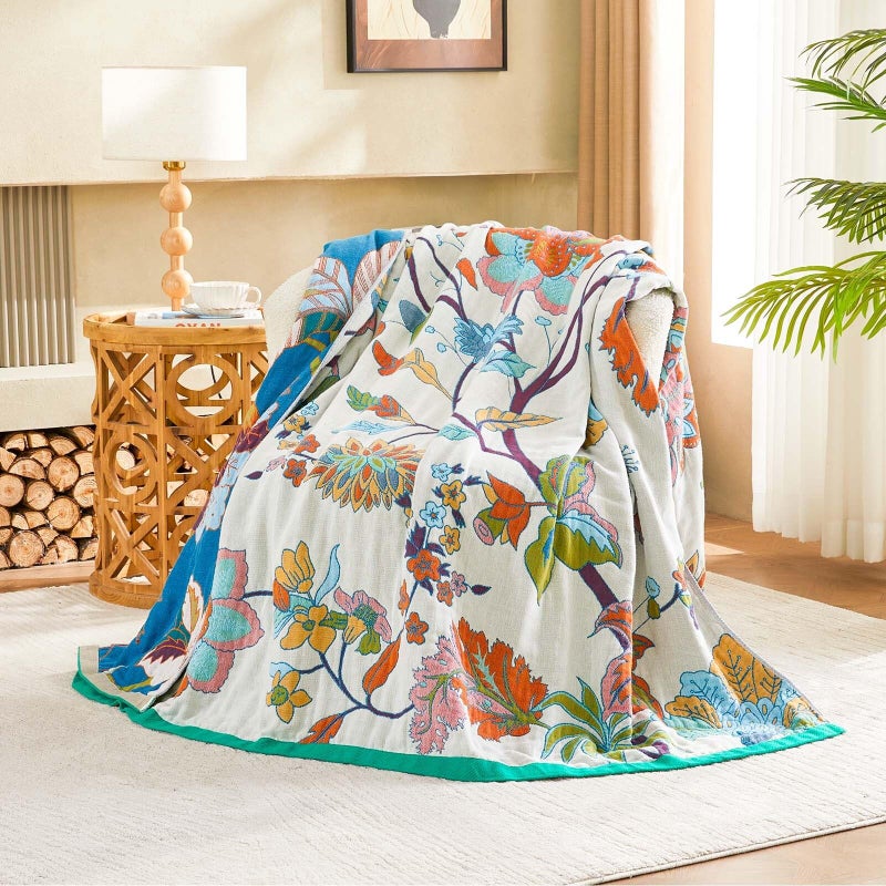 XIBLC Summer Throw Blanket, 60"x80" Reversible Bohemian Flower Blanket, 100% Cotton Muslin Breathable Woven, Farmhouse Decorative Throw Blanket - Image 2