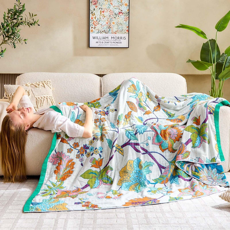 XIBLC Summer Throw Blanket, 60"x80" Reversible Bohemian Flower Blanket, 100% Cotton Muslin Breathable Woven, Farmhouse Decorative Throw Blanket - Image 4