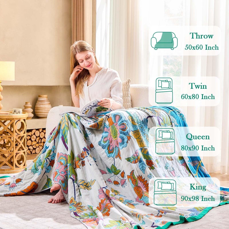 XIBLC Summer Throw Blanket, 60"x80" Reversible Bohemian Flower Blanket, 100% Cotton Muslin Breathable Woven, Farmhouse Decorative Throw Blanket - Image 3