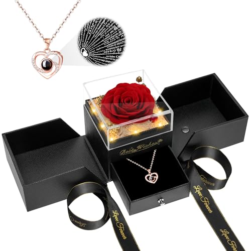 GOMALL GOMALL Mothers Day Rose Gifts for MomBirthday Gifts for WomenPreserved Red Rose Flower with Necklace and LightMom Present for WomenReal Flower for HerWifeGrandmaAnniversaryValentines 