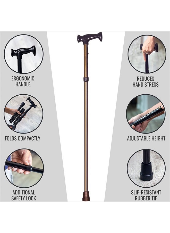Adjustable Folding Cane with Ergonomic Handle, Lightweight, Sturdy and Support up to 250 pounds, Great for Travel, Walking Stick, Bronze
