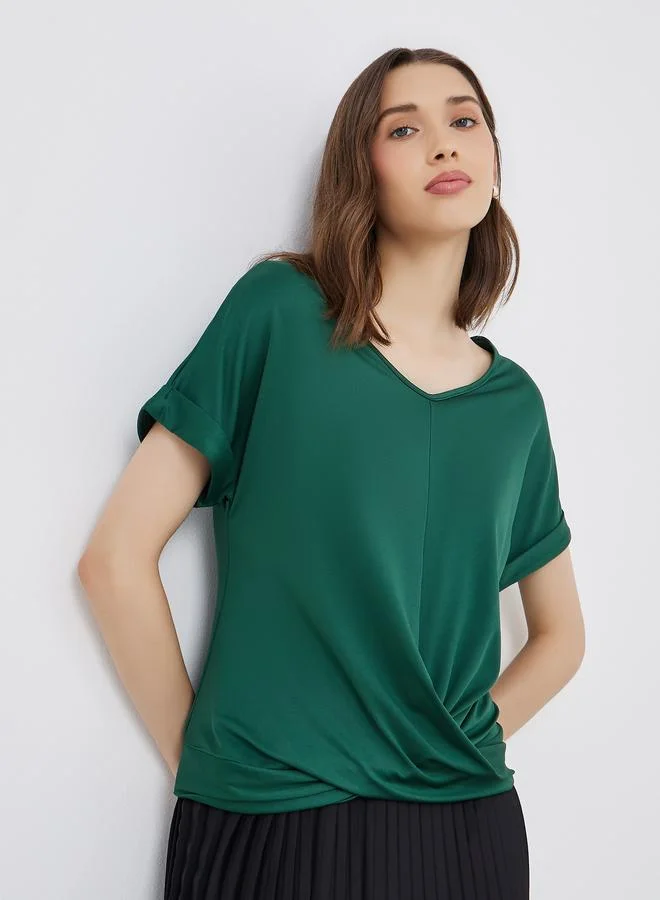 Take Two Take Two Solid V-Neck Short Sleeve Twist Front Top