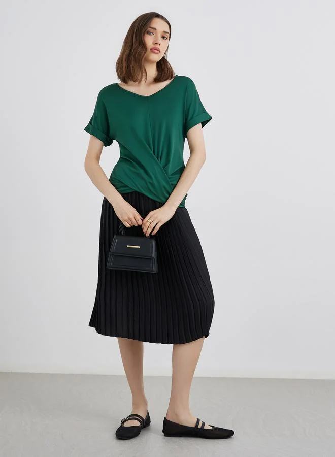 Take Two Take Two Solid V-Neck Short Sleeve Twist Front Top