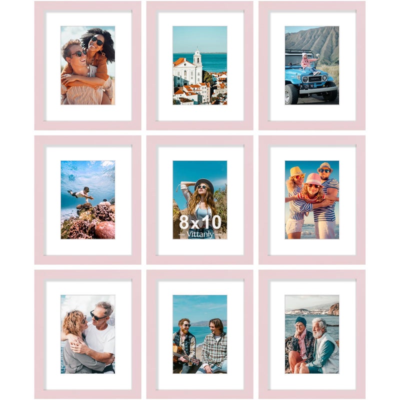 Vittanly مجموعة إطارات صور فيتانلي 8x10 مكونة من 9 قطع - لعرض صور 5x7 مع إطار داخلي أو 8x10 بدون إطار داخلي، إطارات للتعليق على الحائط أو وضعها على الطاولة لتزيين المنزل، أفقية أو رأسية (وردي) - Image 1