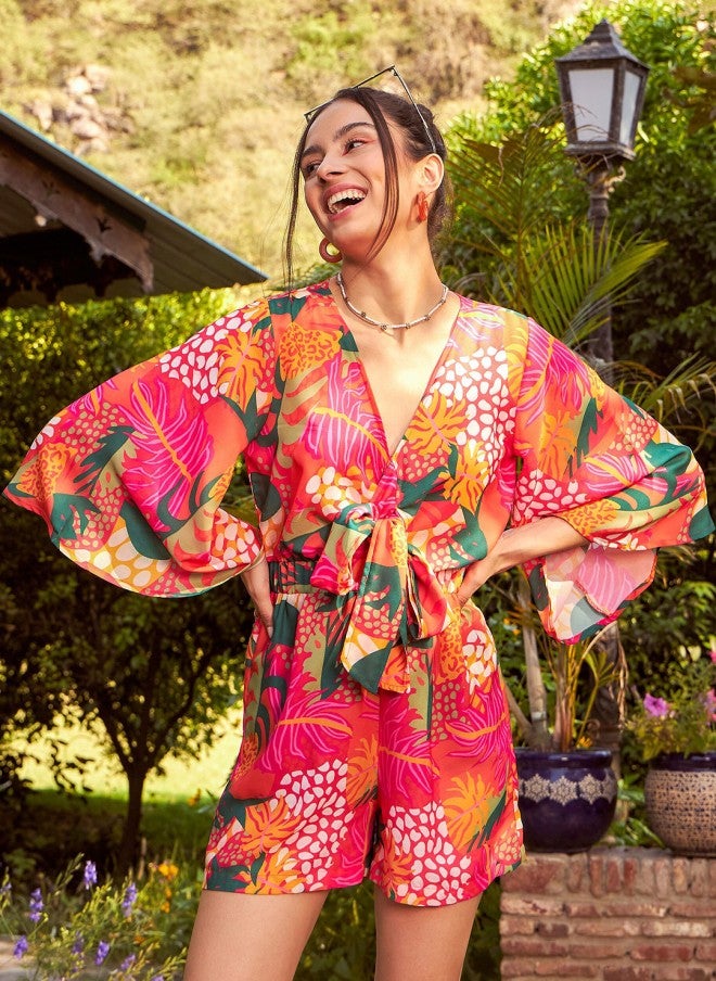 SASSAFRAS Floral Printed Front Tie Knot Playsuit for Women - Image 1