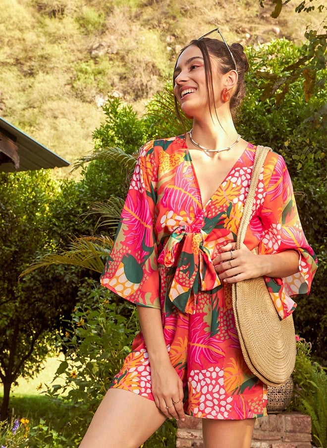 SASSAFRAS Floral Printed Front Tie Knot Playsuit for Women - Image 3