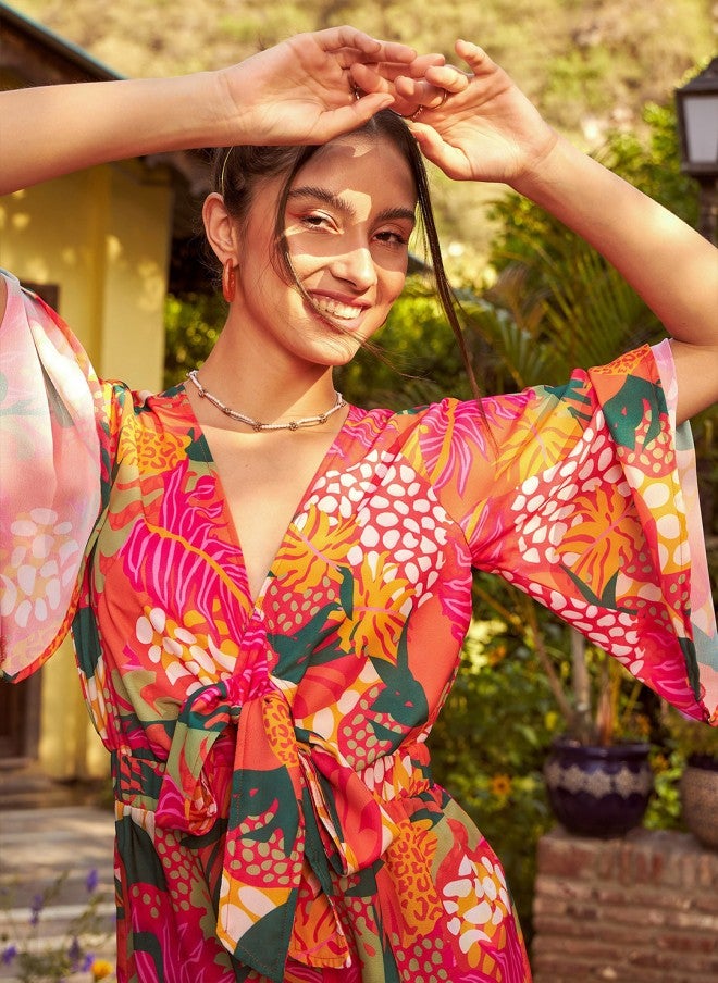 SASSAFRAS Floral Printed Front Tie Knot Playsuit for Women - Image 2