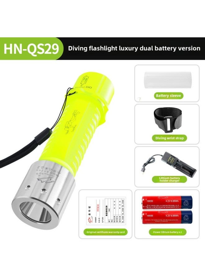 Diving Special Flashlight Strong Light Charging Outdoor Super Bright Waterproof Underwater Professional Deep Diving Night Diving Fish Searchlight-Product Specifications:(white Light) Hn-qs29 Submersible Flashlight-luxury Dual Battery Version  - Image 1