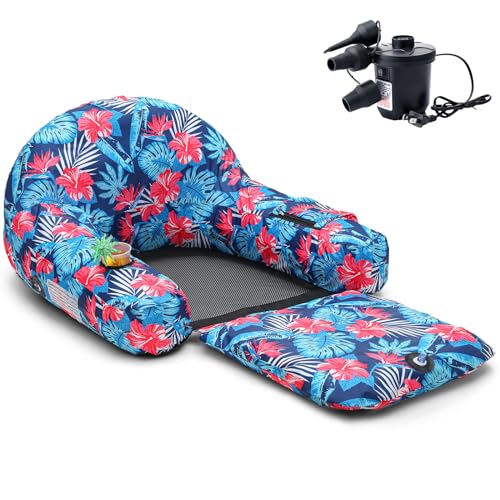 Simgoing Fabric Covered Pool Float Lounge for Adults 2 in 1 Convertible Chair Lounger Large Inflatable Pool Rafts Heavy Duty Float Mattress with Quick Dry Cover Electric Air PumpHibiscus Flower - Image 1