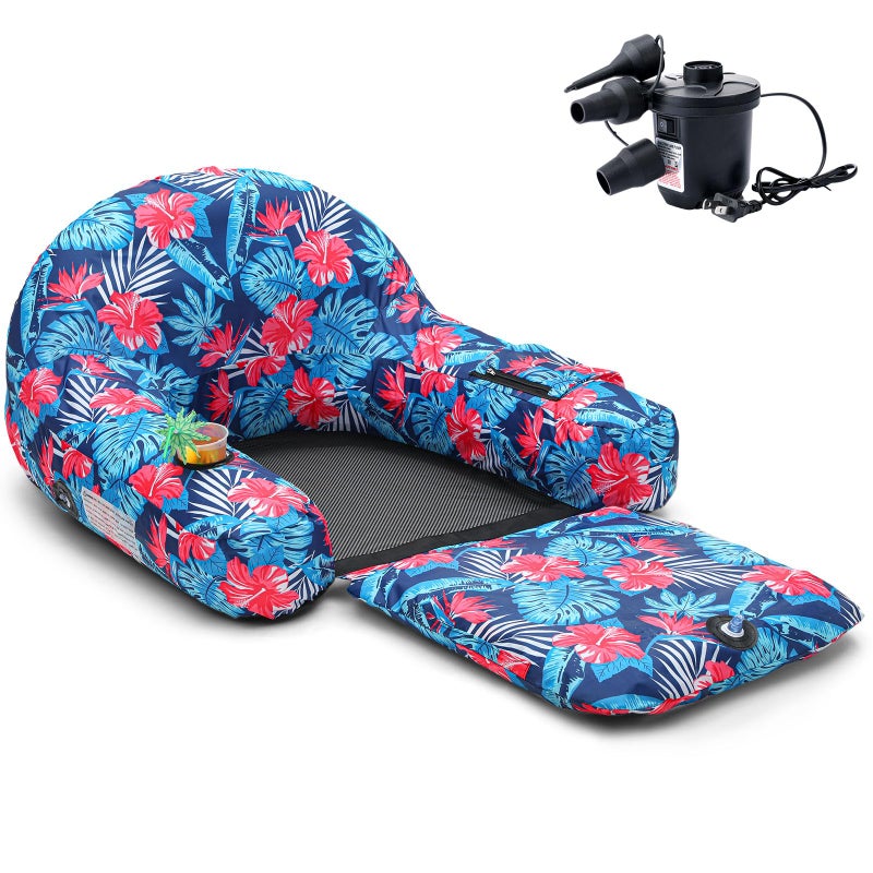 Simgoing Fabric Covered Pool Float Lounge for Adults 2 in 1 Convertible Chair Lounger Large Inflatable Pool Rafts Heavy Duty Float Mattress with Quick Dry Cover Electric Air PumpHibiscus Flower - Image 2