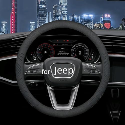 Yangday Leather Steering Wheel Cover for Jeep Wrangler Grand Cherokee Compass, 14.5-15 inches Car Steering Wheel Cover with Non-Slip Breathable (Black) - Image 1